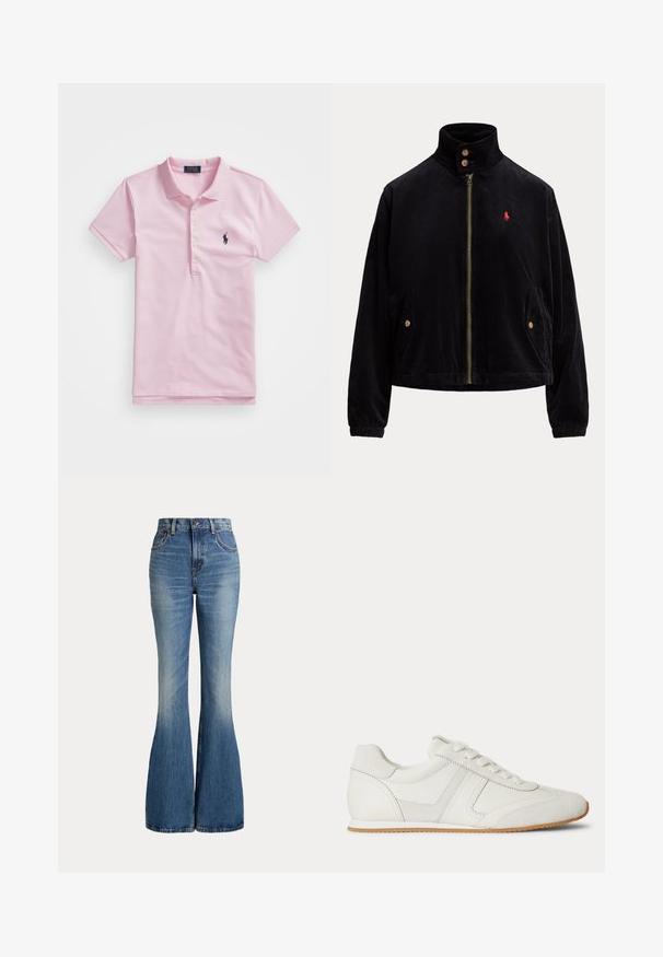 Zwarte corduroy jas met rits aan de voorkant, twee met knopen afsluitbare zakken, hoge kraag met twee knopen en klein rood geborduurd logo op de borst.; Roze poloshirt van katoen, met een klassieke kraag, drie knopen, korte mouwen en een klein marineblauw logo op de borst.; High waist blauwe spijkerbroek met uitlopende pijpen en lichte vervaging aan de voorkant van het bovenbeen, getoond tegen een witte achtergrond.; Witte lage sneaker met veters aan de voorkant, suède en leren panelen, en een lichtbruine rubberen zool op een witte achtergrond.
