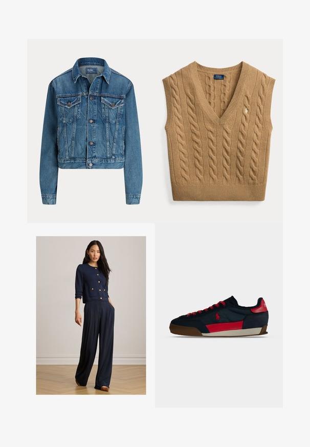 Kort denimjakke i lys blå, med knaplukning, to brystlommer og diskrete slidser. Klassisk krave og lange ærmer.; Camelbrun kabelstrikket ærmeløs V-hals sweater vest med Polo Ralph Lauren mærke og lille broderet logo foran.; Kvinde iført navyblå knappet cardigan med guldknapper og vide bukser, stående på trægulv mod en ensfarvet væg.; Sort og rød lav sneakers med brun sål, røde snørebånd og en rød logo på siden og hælklappen på en ensfarvet baggrund.