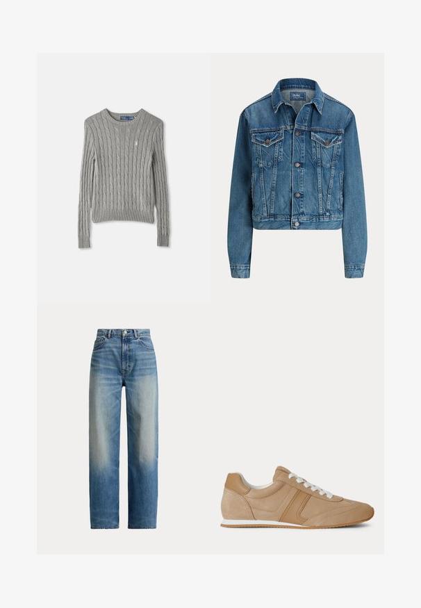 Kort denimjakke i lys blå, med knaplukning, to brystlommer og diskrete slidser. Klassisk krave og lange ærmer.; Grå kabelstrikket sweater med lange ærmer, ribbet kant og rund halsudskæring. Lille logo-accent på brystet.; Blå jeans med høj talje og lige ben, der er falmet foran og har klassisk fem-lomme design, knaplukning og lynlås.; Lysebrun ruskind og læder lavtop-sneaker med hvide snørebånd og hvid gummisål vist fra siden på en hvid baggrund.