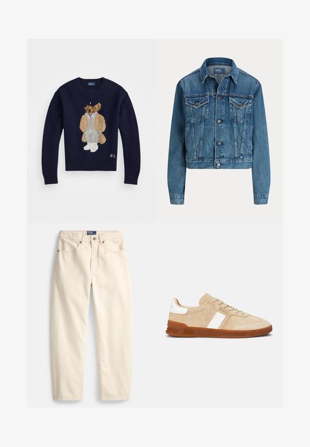 Kort denimjakke i lys blå, med knaplukning, to brystlommer og diskrete slidser. Klassisk krave og lange ærmer.; Marinblå sweater med en detaljeret broderet bjørn iført en lys jakke og grå bukser, med ribbestrikkede ærmer og rund hals.; Jeans i cremefarve lavet af denim med lige ben, forlommer og detaljer med overlock-syning. Lukning med metalknap og lynlås.; Beige ruskindssneakers med hvide striber, gummisål og brune detaljer. Har en tekstureret overflade og en logo på siden.