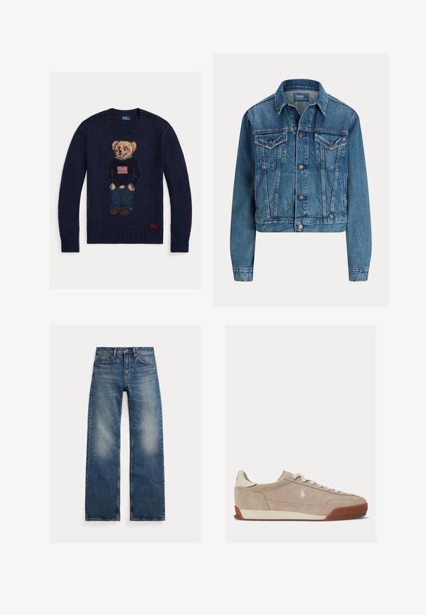 Kort denimjakke i lys blå, med knaplukning, to brystlommer og diskrete slidser. Klassisk krave og lange ærmer.; Marineblå strikket sweater med bamse iført jeans og sort sweater med amerikansk flag, røde "RL" initialer på nederste kant.; Blå jeans med lige ben og falmede områder på lårene, fem-lommer design og knaplukning, lagt fladt på en hvid baggrund.; Beige ruskind lavtop sneaker med hvide snørebånd, hvidt logo på siden og brun gummisål.