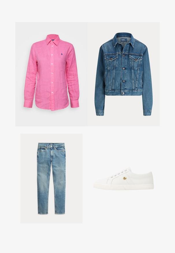Lichtblauwe, cropped spijkerjack met knoopsluiting, twee borstzakken en subtiele whisker-details. Klassieke kraag en lange mouwen.; Langskoppige, gebuttonde shirt in felroze linnen, met een klein blauw logo op de linkerborst en witte knopen aan de voorkant.; Lichtblauwe slim-fit jeans met vijf zakken en knoopsluiting, plat gelegd op een witte achtergrond.; Lauren Ralph Lauren JANSON II CANVAS SNEAKER - Sneakers laag - optic white