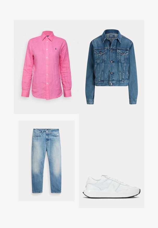 Heledatud denim-jakk helesinisena, millel on nööbikinnitus, kaks rinna taskut ja peened kulumisdetailid. Klasikaline krae ja pikad varrukad.; Pikkade varrukatega, kraega särgik, mis on valmistatud erksast roosast linast, millel on vasakul rinnal väike sinine logo ja ees valged nööbid.; Heledat sinist pleekinud sirget lõikega teksapüksid esitaskute, nööpide ja tõmblukuga ning kergelt kulunud paremal reiel.; Valge madala säärega toss, millel on siledad ja tekstuursed paneelid, eest nööritav ning külje peal pehme reljeefne logo.