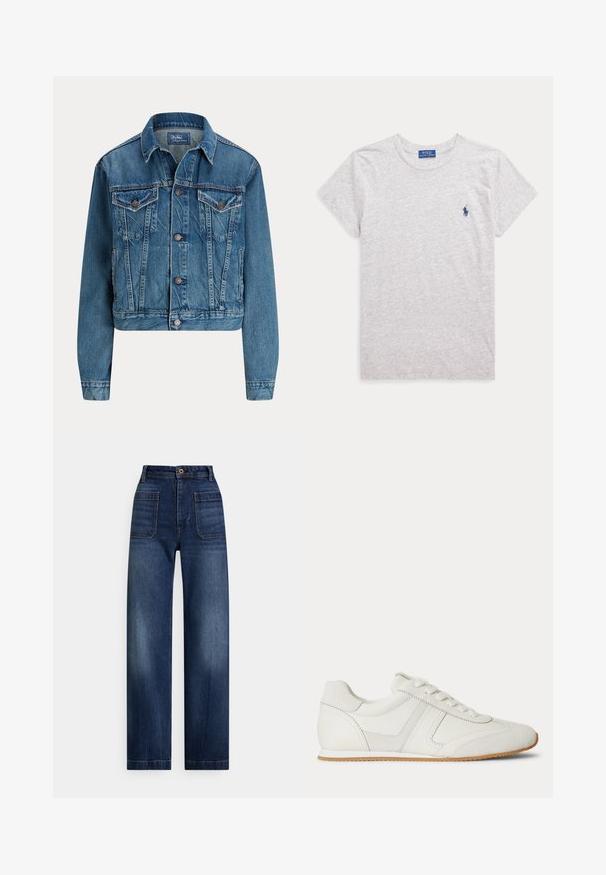 Kort denimjakke i lys blå, med knaplukning, to brystlommer og diskrete slidser. Klassisk krave og lange ærmer.; Lysegrå kortærmet t-shirt med rund hals fra Polo Ralph Lauren med lille mørkeblå broderet logo på venstre bryst.; Højtaljede, mørkeblå denimjeans med lige ben, forlommer, bæltestropper og knaplukning.; Hvid lavtop sneaker med snørelukning foran, ruskind- og læderpaneler og en lysebrun gummisål på en hvid baggrund.