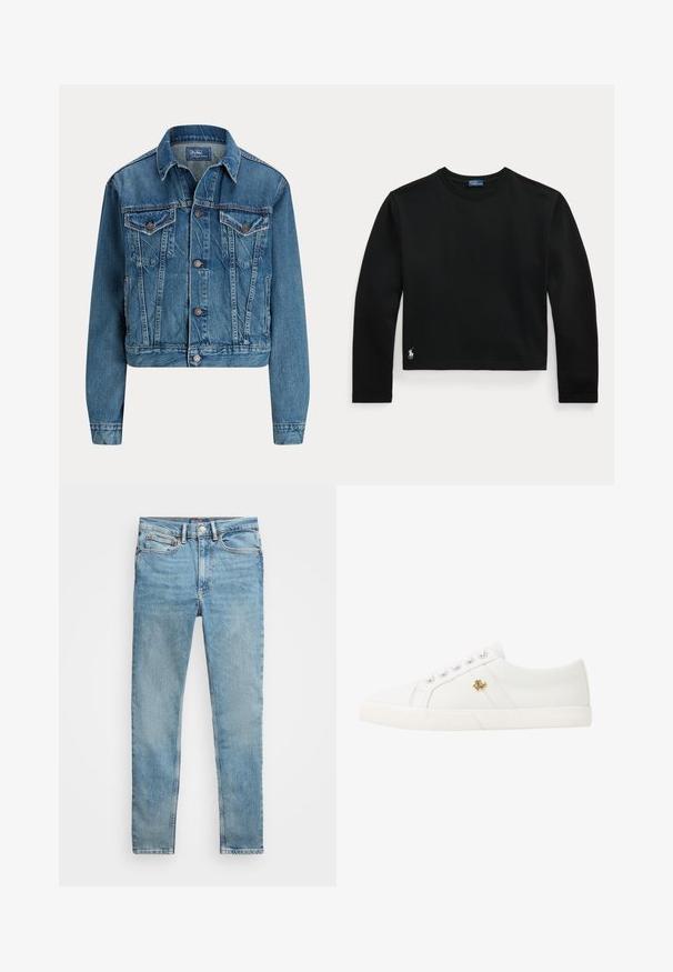 Lichtblauwe, cropped spijkerjack met knoopsluiting, twee borstzakken en subtiele whisker-details. Klassieke kraag en lange mouwen.; Zwart shirt met lange mouwen en ronde hals met klein wit Polo Ralph Lauren-logo geborduurd vlakbij de onderste linkerzoom.; Lichtblauwe, slim fit spijkerbroek met vijf zakken en metalen knoopsluiting, plat gelegd op een witte achtergrond.; Lauren Ralph Lauren JANSON II CANVAS SNEAKER - Sneakers laag - optic white
