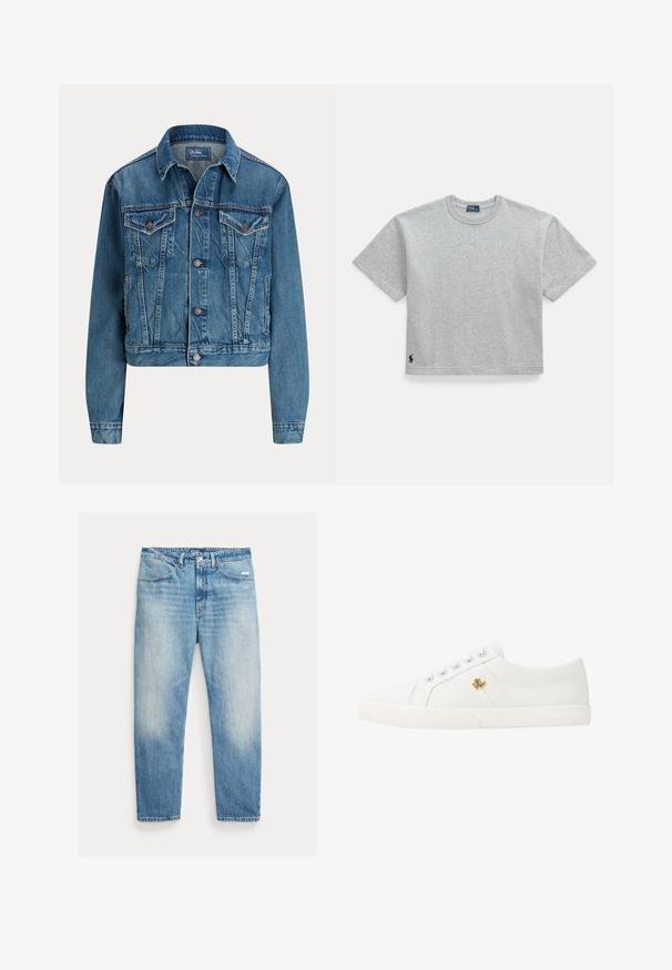 Gekürzte Jeansjacke in Hellblau, mit Knopfverschluss, zwei Brusttaschen und dezenten Waschdetails. Klassischer Kragen und lange Ärmel.; Hellgraues, kurzärmeliges, kurz geschnittenes T-Shirt mit Rundhalsausschnitt und kleinem, marineblau besticktem Logo nahe dem linken Saum.; Hellblaue, verwaschene Jeans mit geradem Bein, Vordertaschen, Knopf- und Reißverschluss sowie leichter Abnutzung am rechten Oberschenkel.; Lauren Ralph Lauren JANSON II CANVAS SNEAKER - Sneaker low - optic white