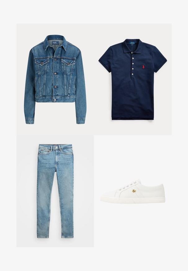 Chaqueta de mezclilla recortada en azul claro, con cierre de botones, dos bolsillos en el pecho y detalles sutiles de desgaste. Cuello clásico y mangas largas.; Polo azul marino de manga corta con cuatro botones blancos y logo bordado en rojo en el lado izquierdo del pecho, colocado plano sobre fondo blanco.; Vaqueros de mezclilla azul claro, ajustados, con cinco bolsillos y cierre de botón metálico, colocados planos sobre un fondo blanco.; Lauren Ralph Lauren JANSON II CANVAS SNEAKER - Zapatillas - optic white