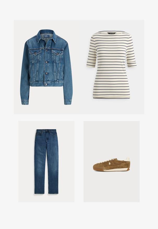 Heledatud denim-jakk helesinisena, millel on nööbikinnitus, kaks rinna taskut ja peened kulumisdetailid. Klasikaline krae ja pikad varrukad.; Kreemjas ja mereväesinisetriibuline kolmveerandvarrukatega pluus paadikaelusega ja väikeste lõhikatega külgedel äärel.; Sirge lõikega sinised teksapüksid, millel on viis taskut, nööpidega kinnis ja peen hääbumine reite ning põlvede piirkonnas, asetatud valgele pinnale.; Pruun seemisnahast vabaajajalats valgete paelte, valge logoga külgedel ja valge kannaosa detailiga, esitatud profiilvaates lihtsal taustal.
