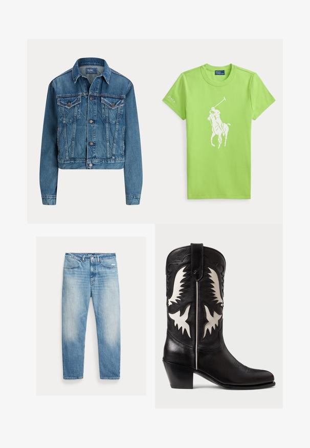 Gekürzte Jeansjacke in Hellblau, mit Knopfverschluss, zwei Brusttaschen und dezenten Waschdetails. Klassischer Kragen und lange Ärmel.; Hellgrünes T-Shirt mit kurzen Ärmeln, in der Mitte mit einer weißen Grafik eines Polospielers auf einem Pferd und "Polo" Text auf dem linken Ärmel.; Hellblaue, verwaschene Jeans mit geradem Bein, Vordertaschen, Knopf- und Reißverschluss sowie leichter Abnutzung am rechten Oberschenkel.; Schwarze Ledercowboystiefel mit weißen eckigen Akzenten, dekorativer Stickerei, einer spitzen Zehe und einem niedrigen, gestapelten Absatz.
