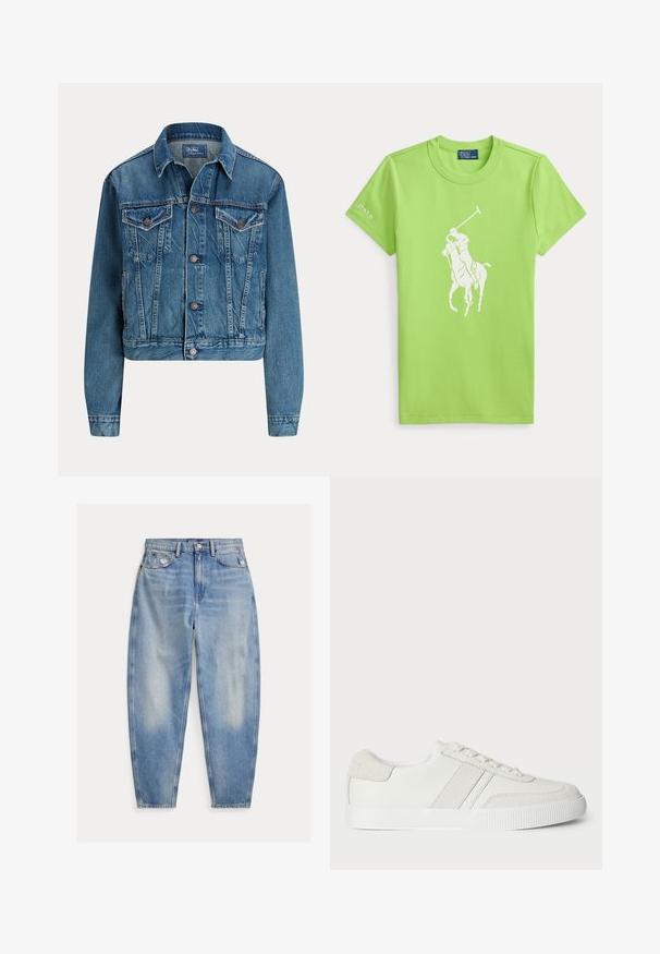 Kort denimjakke i lys blå, med knaplukning, to brystlommer og diskrete slidser. Klassisk krave og lange ærmer.; Lysegrøn kortærmet t-shirt med et hvidt polo-spiller på hest grafik i midten og "Polo" tekst på venstre ærme.; Lyseblå cowboybukser med høj talje med let falmning og slid nær forlommerne, fem-lomme stil og tilspidsede ben.; Hvid sneakers med en glat læderoverdel, suedet detaljer og flade snørebånd. Har en tekstureret gummisål og et minimalistisk design.