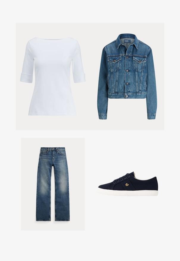 Heledatud denim-jakk helesinisena, millel on nööbikinnitus, kaks rinna taskut ja peened kulumisdetailid. Klasikaline krae ja pikad varrukad.; Valge naiselikult istuv topp kolmveerandvarrukatega ja lai, ümar kaelus.; Sinised sirgete säärega teksapüksid, reite juures pleekinud aladega, viie tasku disain ja nööpkinnitusega ning pandud valgele taustale lamama.; Lauren Ralph Lauren JANSON II CANVAS SNEAKER - Tossud - navy
