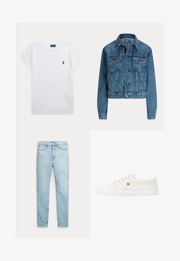 Gekürzte Jeansjacke in Hellblau, mit Knopfverschluss, zwei Brusttaschen und dezenten Waschdetails. Klassischer Kragen und lange Ärmel.; Weißes T-Shirt mit kurzen Ärmeln und Rundhalsausschnitt mit kleinem dunkelblauem Polo Ralph Lauren Logo auf der linken Brust.; Hellblaue Denim-Jeans mit schmaler Passform, Fünf-Taschen-Design und abgesteppten Details entlang der Nähte. Verfügt über einen normalen Bund und einen Reißverschluss.; Lauren Ralph Lauren JANSON II CANVAS SNEAKER - Sneaker low - optic white