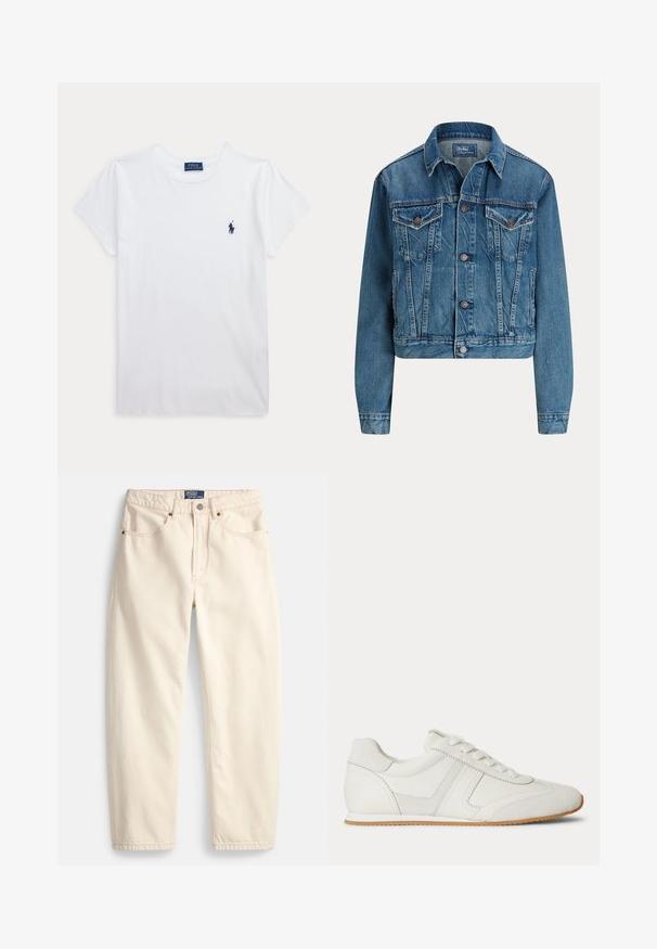 Kort denimjakke i lys blå, med knaplukning, to brystlommer og diskrete slidser. Klassisk krave og lange ærmer.; Hvid t-shirt med korte ærmer og rund hals med lille navyblåt Polo Ralph Lauren-logo på venstre bryst.; Jeans i cremefarve lavet af denim med lige ben, forlommer og detaljer med overlock-syning. Lukning med metalknap og lynlås.; Hvid lavtop sneaker med snørelukning foran, ruskind- og læderpaneler og en lysebrun gummisål på en hvid baggrund.