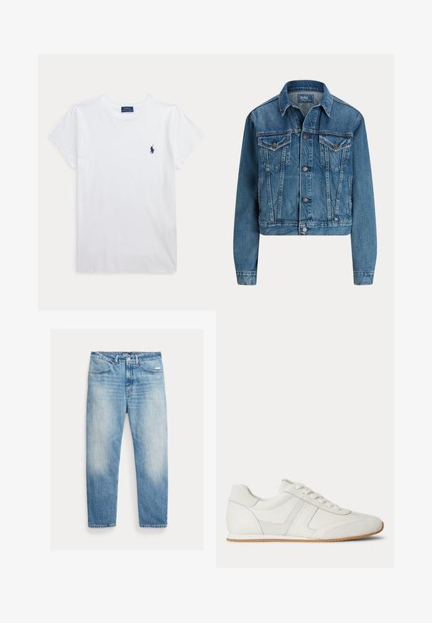 Kort denimjakke i lys blå, med knaplukning, to brystlommer og diskrete slidser. Klassisk krave og lange ærmer.; Hvid t-shirt med korte ærmer og rund hals med lille navyblåt Polo Ralph Lauren-logo på venstre bryst.; Lyseblå falmede jeans med lige ben, forlommer, knap- og lynlåslukning samt let slid på højre lår.; Hvid lavtop sneaker med snørelukning foran, ruskind- og læderpaneler og en lysebrun gummisål på en hvid baggrund.