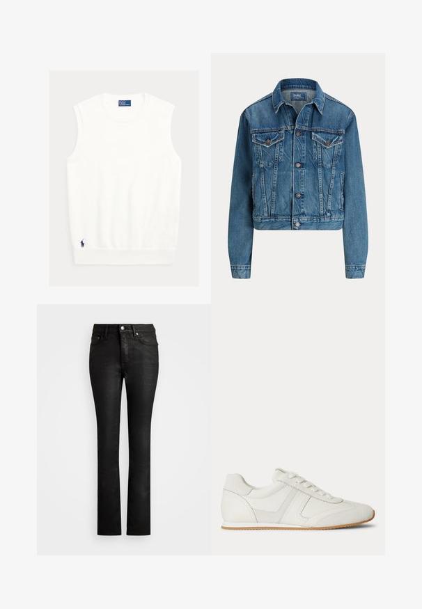Heledatud denim-jakk helesinisena, millel on nööbikinnitus, kaks rinna taskut ja peened kulumisdetailid. Klasikaline krae ja pikad varrukad.; Valge varrukateta topp pehmest kangast, millel on soonikuga kaelus ja serv. Väike tumesinine logo vasaku alumise nurga juures.; Mustad denim püksid, millel on slim fit, viie taskuga disain ja kerge sära. Omab nööpklikki ja vööaugud.; Valge madala säärega toss esikäepäradega, seemisnahast ja nahast paneelidega ning helepruuni kummipõhjaga, valgel taustal.