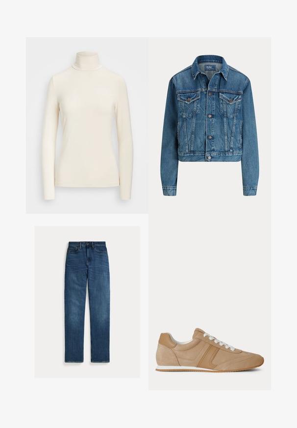 Gekürzte Jeansjacke in Hellblau, mit Knopfverschluss, zwei Brusttaschen und dezenten Waschdetails. Klassischer Kragen und lange Ärmel.; Langärmliges Rollkragenoberteil aus weichem, cremefarbenem Stoff. Verfügt über ein körpernahes Design mit einem hohen Kragen und nahtlosen Ärmelsäumen.; Straight-leg blaue Denim-Jeans mit fünf Taschen, Knopfverschluss und subtilen Verwaschungen an Oberschenkeln und Knien, flach auf weißem Hintergrund gelegt.; Hellbrauner Veloursleder- und Ledersneaker in niedriger Ausführung mit weißen Schnürsenkeln und weißer Gummisohle, von der Seite auf weißem Hintergrund gezeigt.