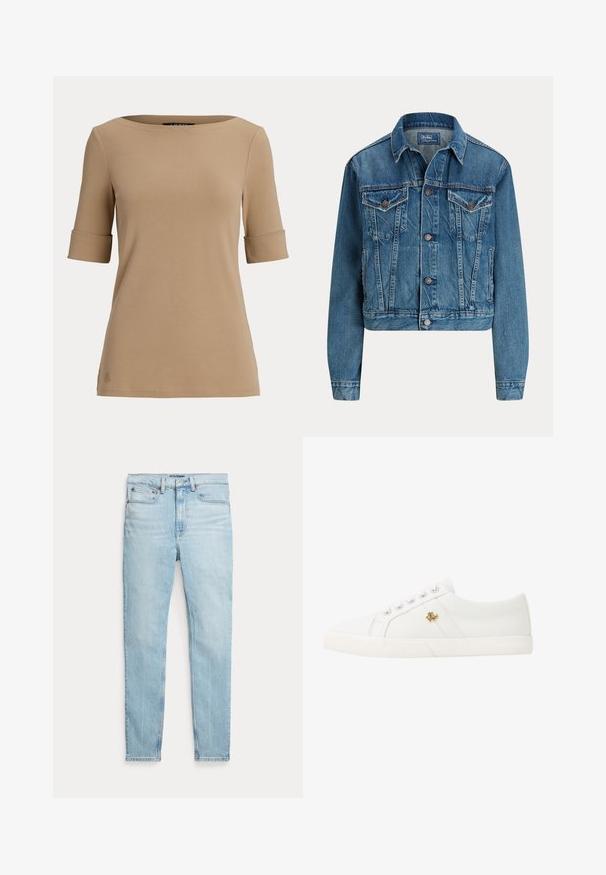 Lichtblauwe, cropped spijkerjack met knoopsluiting, twee borstzakken en subtiele whisker-details. Klassieke kraag en lange mouwen.; Beige top met korte mouwen, omgeslagen manchetten en een brede, ronde hals, afgebeeld tegen een effen lichte achtergrond.; Lichtblauwe denim jeans met een slim fit, een ontwerp met vijf zakken en gestikte details langs de naden. Voorzien van een standaard tailleband en ritssluiting.; Lauren Ralph Lauren JANSON II CANVAS SNEAKER - Sneakers laag - optic white