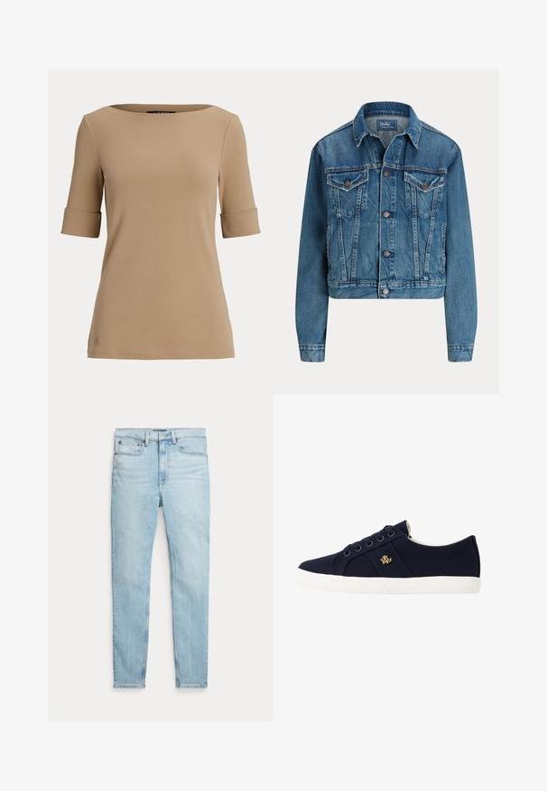 Heledatud denim-jakk helesinisena, millel on nööbikinnitus, kaks rinna taskut ja peened kulumisdetailid. Klasikaline krae ja pikad varrukad.; Beež lühikeste varrukatega topp, mille varrukasäärte servad on üles keeratud ja millel on lai ümar kaelus, näidatud ükskõiksel helel taustal.; Helesinised teksapüksid kitsama lõikega, viie taskuga ja õmbluste ääres detailidega. Omavad tavalist vöökohaga ja lukuga sulgemist.; Lauren Ralph Lauren JANSON II CANVAS SNEAKER - Tossud - navy