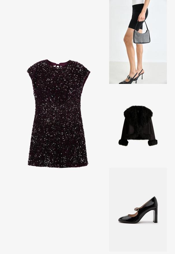 Chaqueta negra corta con gran cuello de piel esponjosa, con ribete de piel a lo largo del dobladillo y los puños, exhibida sobre un fondo blanco.; Vestido corto morado cubierto de lentejuelas, con mangas cortas y un detalle de abertura en la espalda. Tela suave con un efecto de brillo texturizado.; Zapato Mary Jane de tacón alto de charol negro con punta redondeada y una pequeña correa con hebilla sobre el empeine sobre fondo blanco.; Bolso de cuentas negras con una silueta curva, asa de transporte y textura brillante. Llevado con zapatos de tacón altos negros y pantalones cortos negros ajustados.