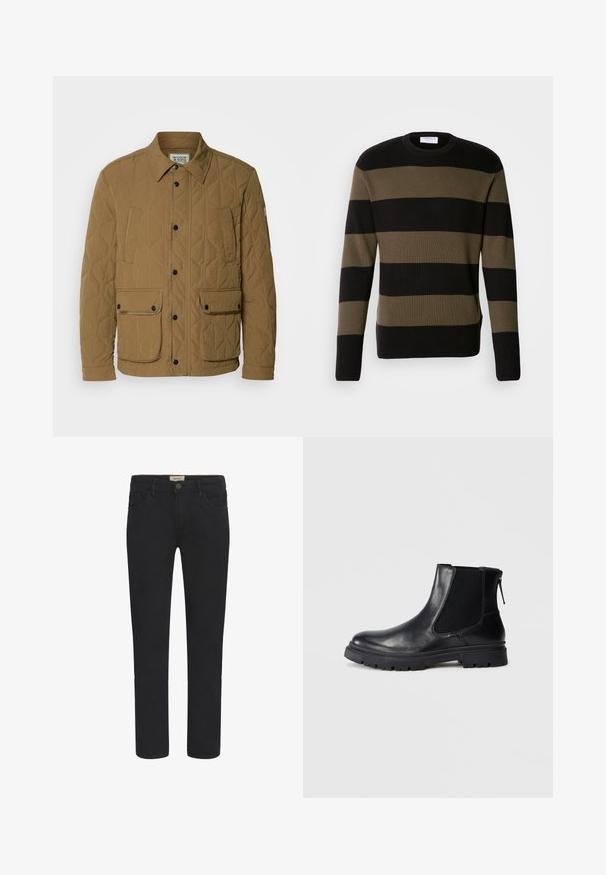 Quiltet jakke i mørk beige, med spids krave, sorte trykknapper og fire lommer med kontraststing. Blød, tekstureret stof.; Lindbergh BLOCK STRIPE - Striktrøje - olive; Sorte denimjeans med lige pasform, fem-lomme design og knaplukning foran. Glat tekstur med subtile syninger.; Sort læderankelstøvle med en glat overflade, elastiske mesh-sider og en robust sål med synligt mønster.