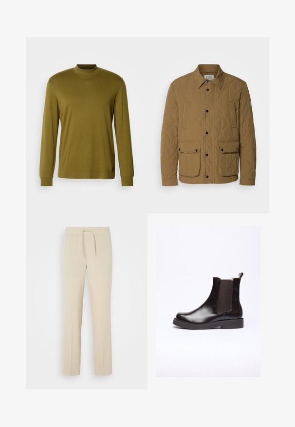 Quilted-Jacke in Dunkelbeige, mit spitzem Kragen, schwarzen Druckknöpfen und vier Taschen mit kontrastierenden Nähten. Weicher, strukturierter Stoff.; Olivengrünes Langarm-Turtleneck-Shirt aus weicher Stoff, mit taillierter Passform und geripptem Kragen sowie Ärmeln.; Beige, elastische Hosen mit einem Kordelzug. Sie haben gerade Beine und eine glatte Textur, geeignet für Freizeit oder Entspannung.; Braune Leder Chelsea-Boots mit elastischen Seitenpaneelen und einer Zuglasche. Verfügt über eine abgerundete Zehenpartie und eine robuste Gummisohle.
