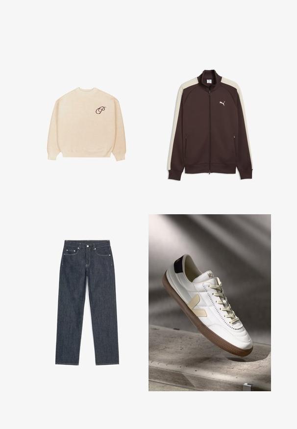 Brun jakke med lynlås og cremefarvede sidepaneler, ribbet krave og manchetter, med to lommer med lynlås og et lille hvidt logo på brystet.; Beige crewneck sweater med lange ærmer og ribbede manchetter, med en lille mørk broderet skrifttype "P" på venstre bryst.; Mørkeblå jeans med lige ben, fem lommer, synlige hvide sømme og lukning med knap og lynlås.; Hvide lædersneakers med beige detaljer og en brun gummisål. Funktioner omfatter en syning og et logo på hælen.