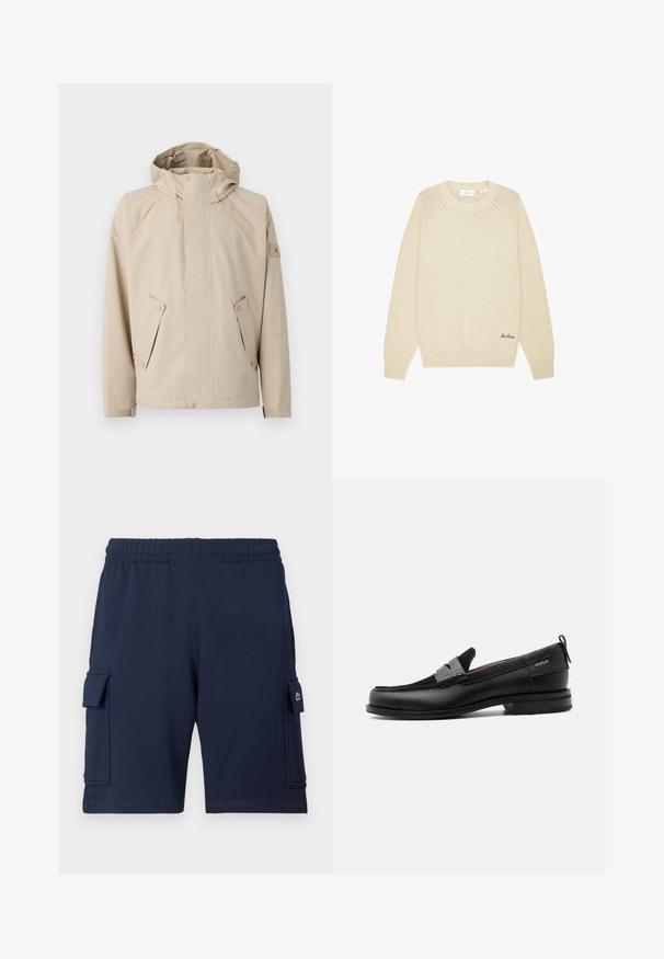 Beige regnjakke med hætte, der har to sidelommer, trykknaplukninger og et struktureret stof. Pyntet med et lille logo på ærmet.; Beige strikket sweater med rund hals, ribbede ærmegab og kant, med diskret logo-broderi nederst på venstre side.; Marineblå cargoshorts lavet af blødt stof, med elastisk taljebånd, to sidelommer og et lille logo på venstre lomme.; Sort læderloafer med grå remdetalje, lav hæl og tekstureret sål, mærket med "HUGO" i guld på siden.