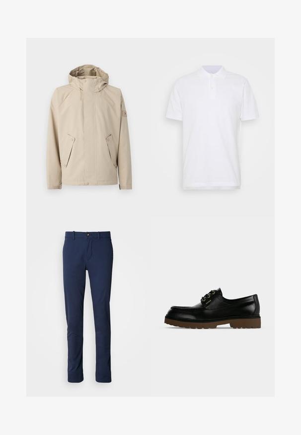 Beige sadesatakot, jossa on huppu, kaksi sivutaskua, nappikiinnitykset ja texturoitu kangas. Koristeena pieni logo hihassa.; Valkoinen polo-paita, jossa on klassinen kaulus, kolmonen napitus ja lyhyet hihat. Valmistettu sileästä puuvillakankaasta, jossa on yksinkertainen muotoilu.; Tummansiniset housut, jotka on valmistettu sileästä kankaasta. Niissä on suora lahje, vetoketjukiinnitys ja yksi etutasku nappikiinnityksellä.; Musta matalavartinen nahkakenkä, jossa paksu ruskea uurrettu pohja, nauhallinen etuosa ja kultainen "Hugo" -logo sivupaneelissa.