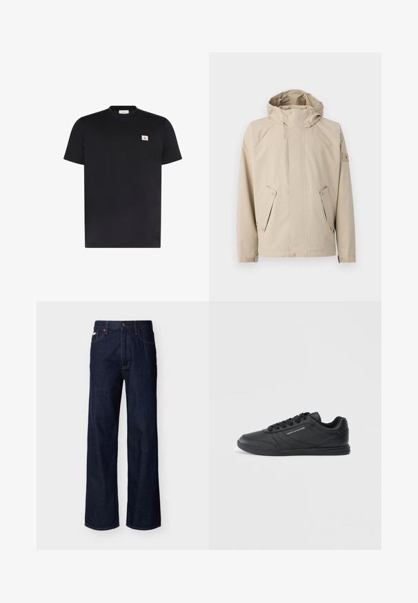 Beige Regenjacke mit Kapuze, ausgestattet mit zwei seitlichen Taschen, Druckknopfverschlüssen und einem strukturierten Stoff. Akzentuiert durch ein kleines Logo am Ärmel.; Schwarzes T-Shirt mit kurzen Ärmeln und Rundhalsausschnitt mit kleinem weißen rechteckigem Logo-Patch mit roten und schwarzen CK-Buchstaben auf der linken Brust.; Dunkelblaue Jeans mit geradem Bein, Fünf-Taschen-Design und Knopfverschluss, auf hellem einfarbigem Hintergrund präsentiert.; Schwarze Sport Schuhe mit einem glatten Synthetik-Obermaterial, runder Zehenform, Schnürverschluß, dezentem Texturmuster und Logo-Details an der Seite.
