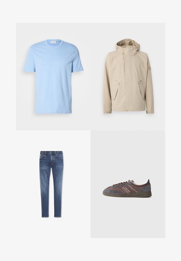 Veste de pluie beige avec capuche, dotée de deux poches latérales, de fermetures à pression et d'un tissu texturé. Accentuée par un petit logo sur la manche.; T-shirt en coton bleu clair avec un col rond, des manches courtes et un petit logo brodé sur la poitrine gauche. Texture lisse, coupe décontractée.; Jean slim en denim bleu avec bouton et fermeture éclair à l'avant, design cinq poches et léger délavage aux cuisses et aux genoux.; Sneaker basse à lacets en daim marron et gris avec le logo « Tommy Jeans » sur le côté et la semelle, sur un fond gris clair.