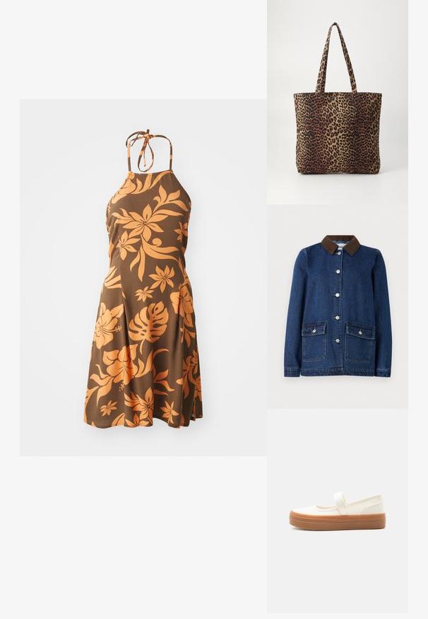 Veste en denim bleu foncé avec col en velours côtelé marron, deux poches avant avec rabats à boutons et boutons argentés sur le devant.; Robe halter marron avec un motif floral orange, longueur genoux, avec un corsage ajusté qui s'évase en jupe. Texture douce.; Chaussure Mary Jane en toile blanche avec une épaisse semelle en caoutchouc marron et une bride unique sur le dessus.; Pieces PCSUITY - Cabas - black