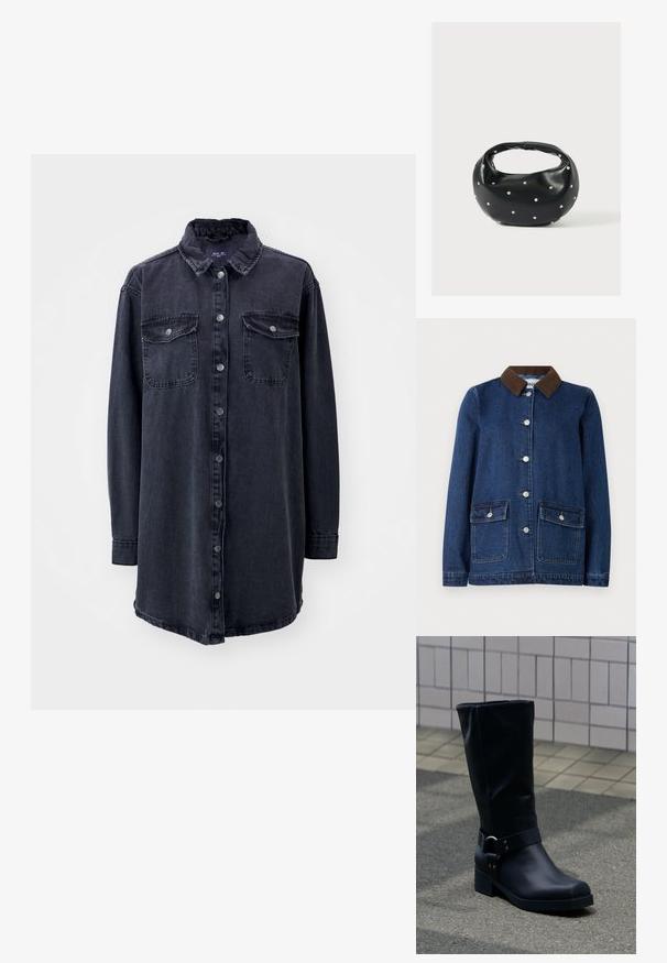 Mørkeblå denimjakke med brunt corduroy-krave, to forlommer med knapflapper og sølvknapper ned ad fronten.; Mørk denim skjorte med krave, lange ærmer, frontknapper og to brystlommer. Har en let løs pasform og buet nederkant.; Sort læderstøvle midt på læggen med lav blokhæle og en dekorativ rem med metal spænde rundt om anklen, på en flisebelagt fortov.; Sort læderhåndtaske med en rundet form, dekoreret med sølvnitter, og et kort håndtag. Glat tekstur og lynlåslukning.
