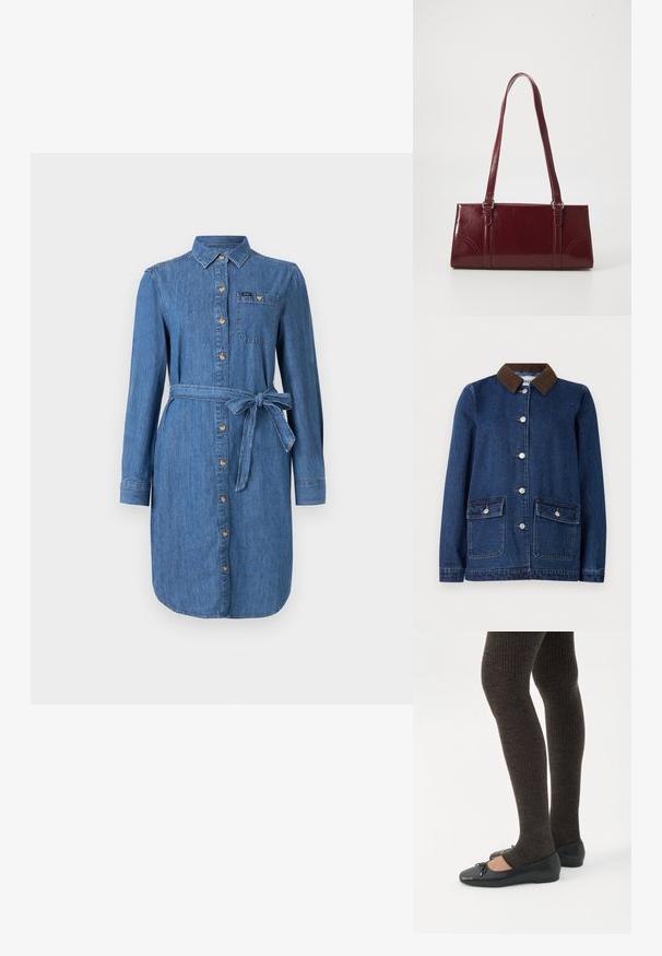 Chaqueta de denim en azul oscuro con cuello de pana marrón, dos bolsillos frontales con solapas de botón y botones plateados en el frente.; Vestido de camisa de denim con mangas largas, botones en el frente, bolsillo en el pecho y cinturón atado en la cintura en un lavado azul medio.; Piernas con leggings oscuros acanalados combinados con bailarinas negras que presentan pequeños detalles de lazo sobre un fondo blanco.; Bolso burdeos hecho de material brillante, de forma rectangular, con dos asas para el hombro y sutiles acentos curvados en la parte frontal.