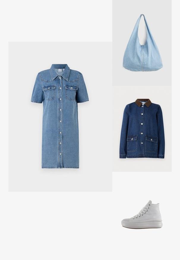 Chaqueta de denim en azul oscuro con cuello de pana marrón, dos bolsillos frontales con solapas de botón y botones plateados en el frente.; Vestido de camisa de mezclilla en azul claro, de manga corta, con cierre de botones, dos bolsillos en el pecho y una ligera forma de A. Textura suave con costuras en contraste.; Zapatilla de lona blanca de caña alta con cordones blancos, ojales metálicos, suela gruesa de goma y puntera texturizada, mirando hacia la izquierda sobre un fondo blanco.; Bolso de hombro de mezclilla azul claro con una correa ancha y costura central visible, presentado sobre un fondo liso de color gris claro.