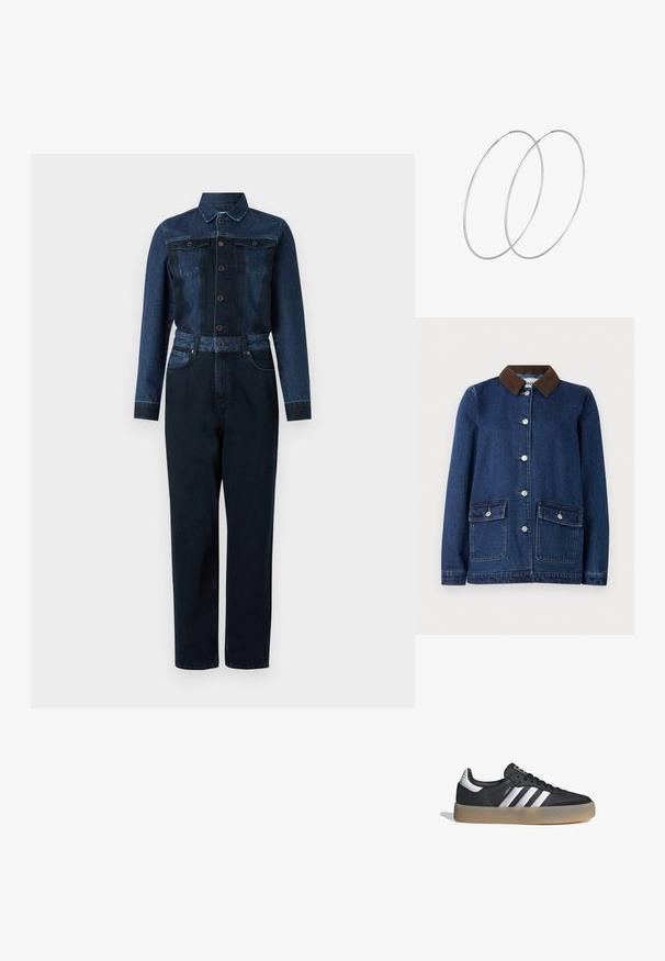 Chaqueta de denim en azul oscuro con cuello de pana marrón, dos bolsillos frontales con solapas de botón y botones plateados en el frente.; Pantalón mono de mezclilla en un color azul oscuro, con mangas largas, cierre de botones en la parte delantera, cuello y cintura ceñida con cinturón, además de dos bolsillos en el pecho.; Zapatilla deportiva de cuero negro con tres rayas plateadas, punta texturizada y suela de goma. Cuenta con un collar acolchado y un diseño con cordones.; Pendientes de aro plateados con un diseño minimalista. Forma circular, textura suave y perfil delgado. Livianos con un acabado pulido.
