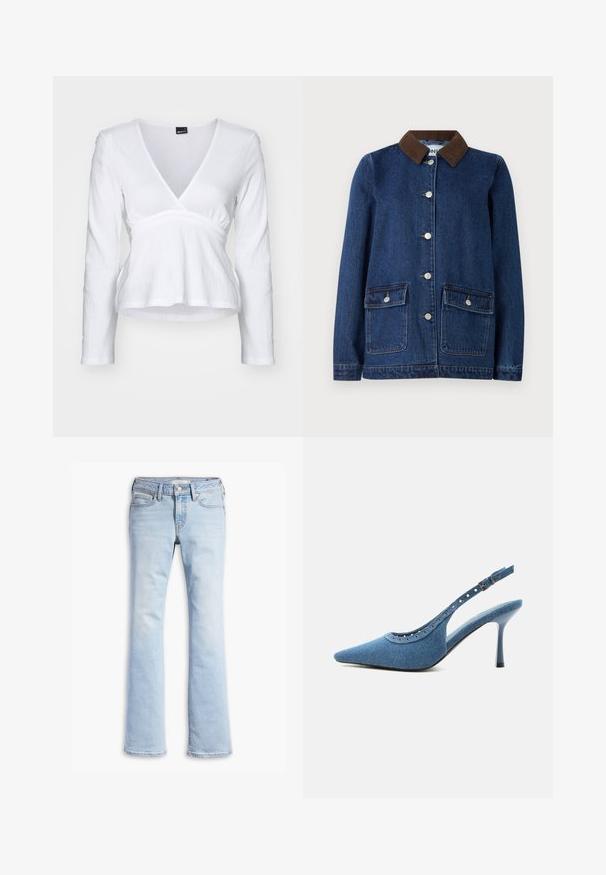 Mørkeblå denimjakke med brunt corduroy-krave, to forlommer med knapflapper og sølvknapper ned ad fronten.; Hvid langærmet top med V-hals, sammensnøret talje og struktureret stof. Enkel design, blødt materiale og ensfarvet.; Lysblå denimjeans med en tætsiddende talje, frontknap og lynlås, front- og baglommer samt let flagrende ben.; Blå denim spids tå slingback sko med høj hæl, sølv øjendesign og justerbar spænde.