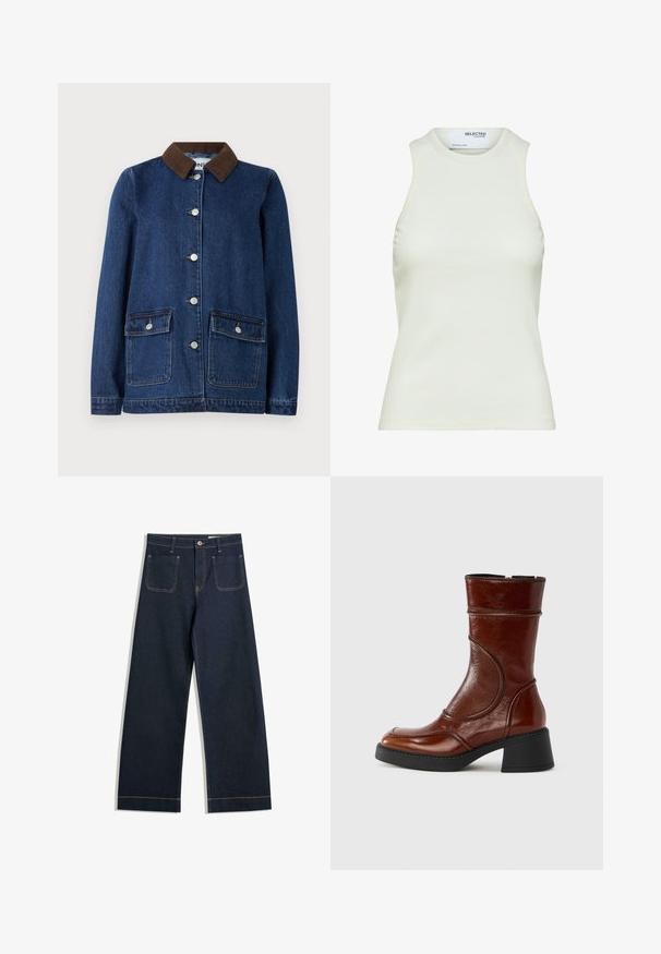 Dunkelblaue Jeansjacke mit braunem Cordkragen, zwei Fronttaschen mit Knopfklappen und silbernen Knöpfen auf der Vorderseite.; Ärmelloses weißes geripptes Tanktop mit rundem Ausschnitt von Selected Femme, zeigt Vorderansicht ohne Muster oder Dekorationen.; Dunkelblaue weite Jeans aus Denim mit kontrastierendem hellbraunem Nähen, zwei Gesäßtaschen und einem Knopfverschluss an der Taille.; Brauner Lederstiefelette mit abgerundetem Zehenbereich, einem Blockabsatz und geschwungenen Ziernähten am Schaft. Glatte Textur und polierte Oberfläche.