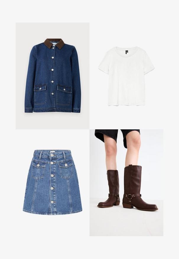 Veste en denim bleu foncé avec col en velours côtelé marron, deux poches avant avec rabats à boutons et boutons argentés sur le devant.; T-shirt blanc à manches courtes avec un col rond, fabriqué en tissu léger. Design simple, texture lisse et ourlet droit.; Jupe trapèze en denim bleu avec boutons sur le devant et deux poches à rabat boutonnées près de la ceinture.; Bottes en cuir marron jusqu'au genou avec un bout arrondi, une surface texturée, une sangle au niveau de la cheville et des détails en métal argenté ; talon empilé.