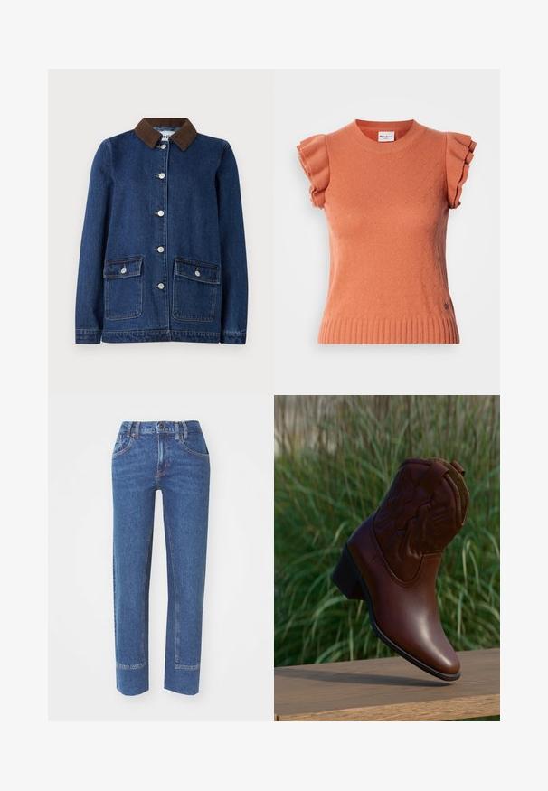 Donkerblauwe spijkerjas met een bruine corduroy kraag, twee voorzakken met knoopflappen en zilveren knopen aan de voorkant.; Oranje trui met korte mouwen en ruches aan de mouwen, met een gestructureerd patroon en een geribbelde zoom. Merklable zichtbaar aan de voorkant.; Blauwe spijkerbroek met een rechte pasvorm, vijf zakken en contrasterende stikseldetails. De stof heeft een lichte textuur en een klassieke afwerking.; Bruine leren cowboylaars met decoratief stiksel, schuin omhoog geplaatst op een houten oppervlak met een vage groene grasachtergrond.
