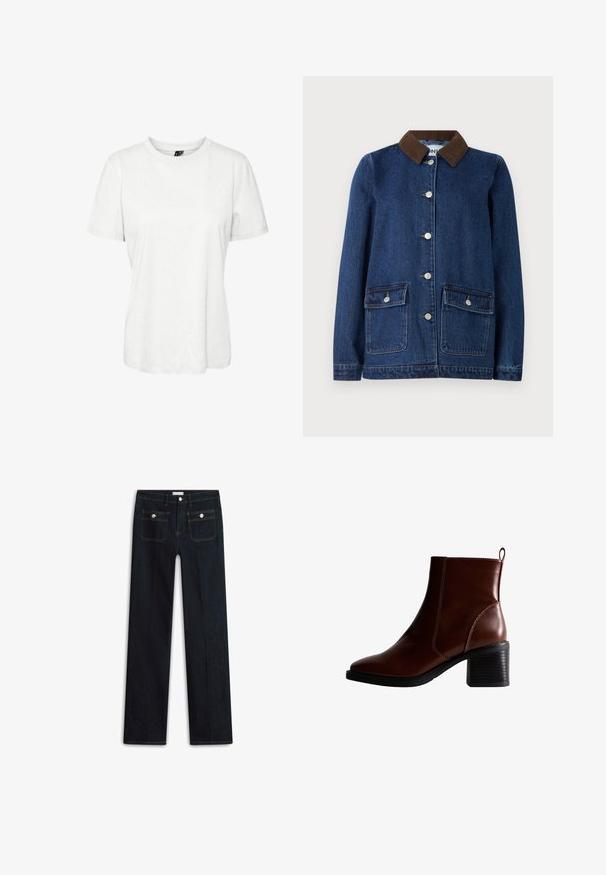Mørkeblå denimjakke med brunt corduroy-krave, to forlommer med knapflapper og sølvknapper ned ad fronten.; Hvid kortærmet t-shirt lavet af bomuld med rund halsudskæring og afslappet pasform. Glat tekstur og ingen synlige mønstre eller dekorationer.; Mørkeblå denimjeans med lige ben, der har to forlommer og synlige syningsdetaljer. Ingen synlige slidmærker.; Brun læder ankelstøvle med firkantet tå og sidesøm, en 7,5 cm stablet hæl og en trækflap bagpå for nem påtagning.