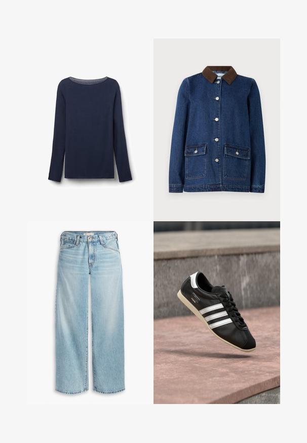 Veste en denim bleu foncé avec col en velours côtelé marron, deux poches avant avec rabats à boutons et boutons argentés sur le devant.; Haut à manches longues bleu marine en tissu doux, avec un col rond et une coupe décontractée. Les bords de l'ourlet et des manches sont soigneusement finis.; Jean large bleu clair en denim, avec une taille haute, une fermeture à boutons et un ourlet effilé. Coutures visibles et poches.; Baskets en cuir noir avec des rayures blanches et une semelle blanche, lacées, flottant au-dessus d'une surface en béton rosée avec un mur en pierre grise en arrière-plan.