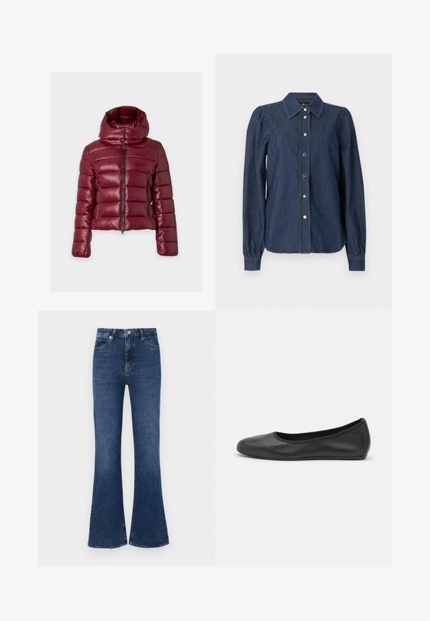 Veste matelassée bordeaux avec couture horizontale, fermeture éclair intégrale à l'avant, poches latérales zippées et col montant rembourré avec boutons-pression.; Chemise en denim bleu foncé à manches longues, avec fermeture boutonnée sur le devant, col pointu et épaules légèrement bouffantes.; Jeans évasés bleu foncé en denim, avec une taille haute, un design classique à cinq poches et des accents de couture subtils.; Ballerines en cuir noir avec un bout rond, texture lisse, détails de couture minimalistes et design de semelle flexible.