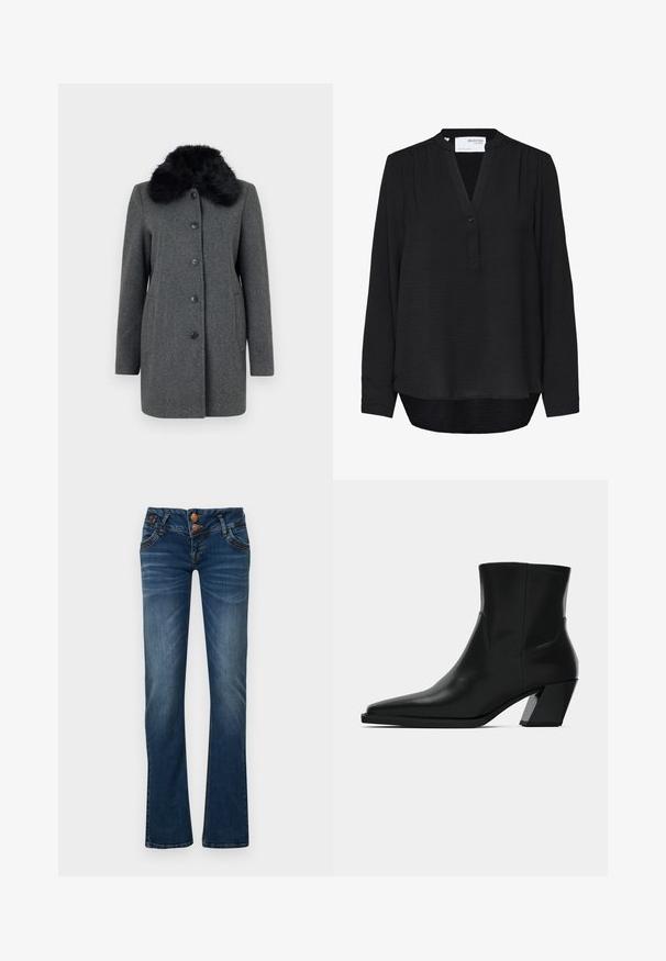 Vero Moda VMAUTUMN COZY JACKET - Klassisk frakke - dark grey; Sort bluse med lange ærmer, båndkrave, enkelt knaplukning, let skulderindsamling og en buet kant, der er længere bagpå.; Mørkeblå bootcut jeans med to frontknapper, fem lommer og subtil falmning på lår og knæ.; Sortlæder ankelstøvle med spids tå, en slank silhuet og en kraftig firkantet hæl. Glat tekstur med minimale stikninger.