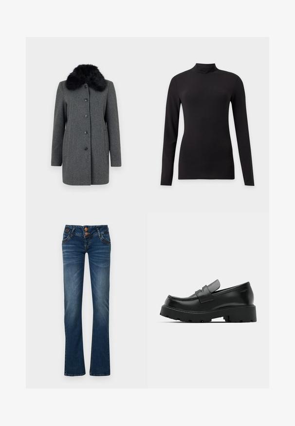 Vero Moda VMAUTUMN COZY JACKET - Klassikaline mantel - dark grey; Mustast venivast pika varrukaga topp teivakraega, näht heleda halli tausta peal.; Tumedad sinise bootcut teksad, kus on kaks esist nuppu, viis taskut ning õrn fade-reklaam reitel ja põlvili.; Mustad nahast loafers, millel on tükiline tekstureeritud tald, vampi kohal rihm ja sile, läikiv viimistlus.