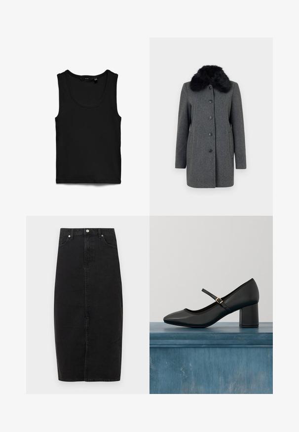 Vero Moda VMAUTUMN COZY JACKET - Manteau classique - dark grey; Débardeur noir côtelé sans manches avec encolure arrondie, posé à plat sur fond blanc.; Jupe en denim noir à taille haute, longueur au genou, couture frontale et conception classique à cinq poches. Dotée d'un bouton métallique et d'une texture subtile.; Chaussure Mary Jane noire avec talon carré et sangle à boucle dorée, flottant au-dessus d'un sol en béton lisse dans un cadre intérieur minimaliste.