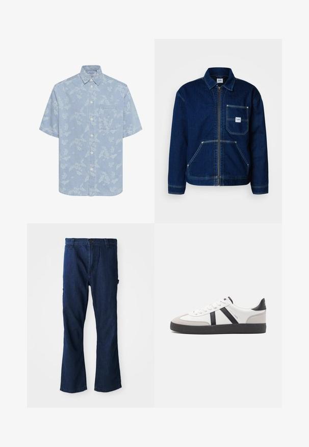 Chaqueta de denim en azul oscuro con cremallera frontal y un bolsillo en el pecho. Cuenta con dos bolsillos inferiores y detalles de costura blanca.; Camisa de manga corta azul claro con patrón floral blanco, cierre de botones en el frente y un bolsillo en el pecho. Hecha de un material similar al denim.; Vaqueros de mezclilla azul con diseño de pierna recta, cierre de botón y dos bolsillos laterales, con un ligero desgaste en la textura.; Zapatilla blanca con acentos en negro y gris, que presenta una puntera texturizada en gris, suela de goma negra y cordones planos blancos. Diseño limpio, estilo minimalista.
