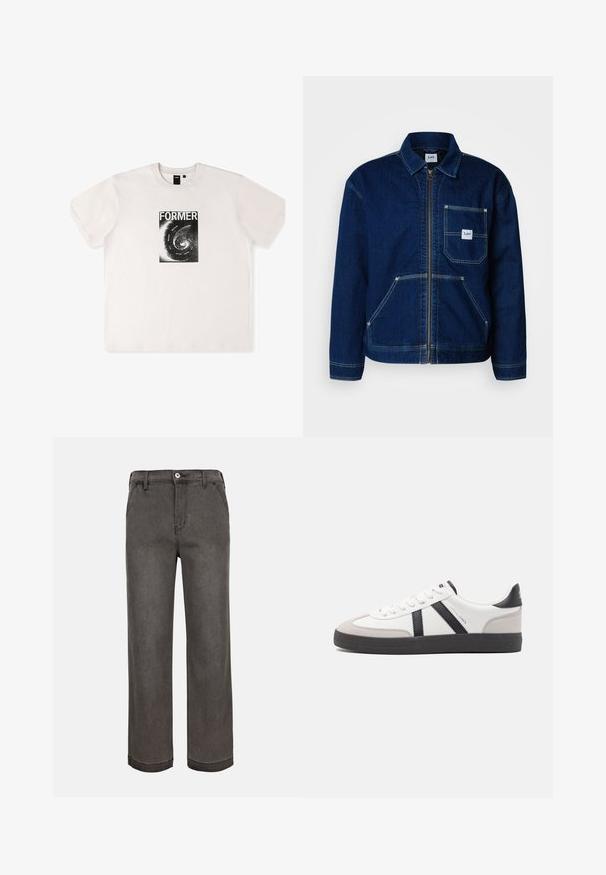 Donkerblauwe denimjack met een rits aan de voorkant en een borstzak. Heeft twee lagere zakken en witte stikselaccenten.; Wit katoenen t-shirt met korte mouwen, voorzien van een zwart grafisch ontwerp met het woord "FORMER" en een spiraalpatroon aan de voorkant.; Donkergrijze broek met rechte pijpen, knoop- en ritssluiting, riemlussen, voorzakken en gestikte zoom tegen een lichte achtergrond.; Witte sneaker met zwarte en grijze accenten, voorzien van een grijze neus met textuur, zwarte rubberen zool en platte witte veters. Schoon ontwerp, minimalistische stijl.