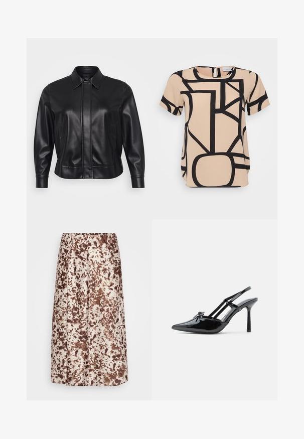 Sort læderjakke med krave, trykknapper, sidelommer og en figursyet silhuet. Glat tekstur med minimalistiske designdetaljer.; Beige kortærmet top med markante sorte geometriske mønstre. Rund halsudskæring med lynlås lukning i ryggen. Glat, struktureret stof.; Midikjole lavet af glat stof, med en cremet bund og brune, sprøjtelignende mønstre. Elastisk linning for komfort.; Sort lakeret læder højhælet slingback-sko med spids tå, tynd hæl og dobbelt remdetalje over vristen.