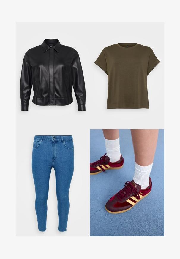 Must tume, millel on krae, nupud, küljetaskud ja sobiv siluett. Sujuv tekstuur ja minimalistlik disain.; Vero Moda Curve VMCHALI - Lihtne T-särk - grape leaf; Õhukesed sinised teksapüksid, millel on kõrge vöökoht, viie taskuga disain ja töötlemata ääred. Materjal on sile, reitel on kerge pleekimine.; Burgundi nahk- ja sametist tossud kollaste triipudega ja kummikeskmega. Valged ribad sokid paistavad pahkluust üles, asetatud sinisele struktuursele pinnale.