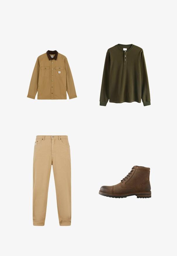 Chaqueta color canela con botones, cuello de pana marrón oscuro, dos bolsillos con solapa en el pecho y dos bolsillos laterales, colocada plana sobre fondo blanco.; Camisa henley de punto waffle verde oliva de manga larga con puños acanalados y tres botones en el cuello.; Pantalones de algodón beige con corte recto, que cuentan con un cierre de cremallera, cinco bolsillos y sutiles detalles de costura. Textura suave y diseño clásico.; Bota de cuero marrón hasta el tobillo con cordones delanteros y suela rugosa, diseñada para uso casual o al aire libre.